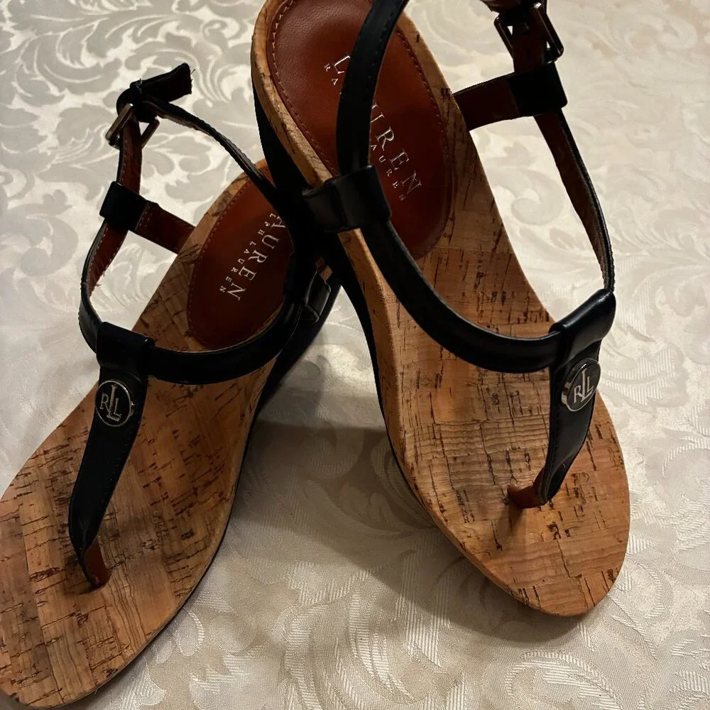 Lauren Ralph Lauren Navy Cork Wedge Sandals T Strap Adjustable Buckle-NEW - 6.5B